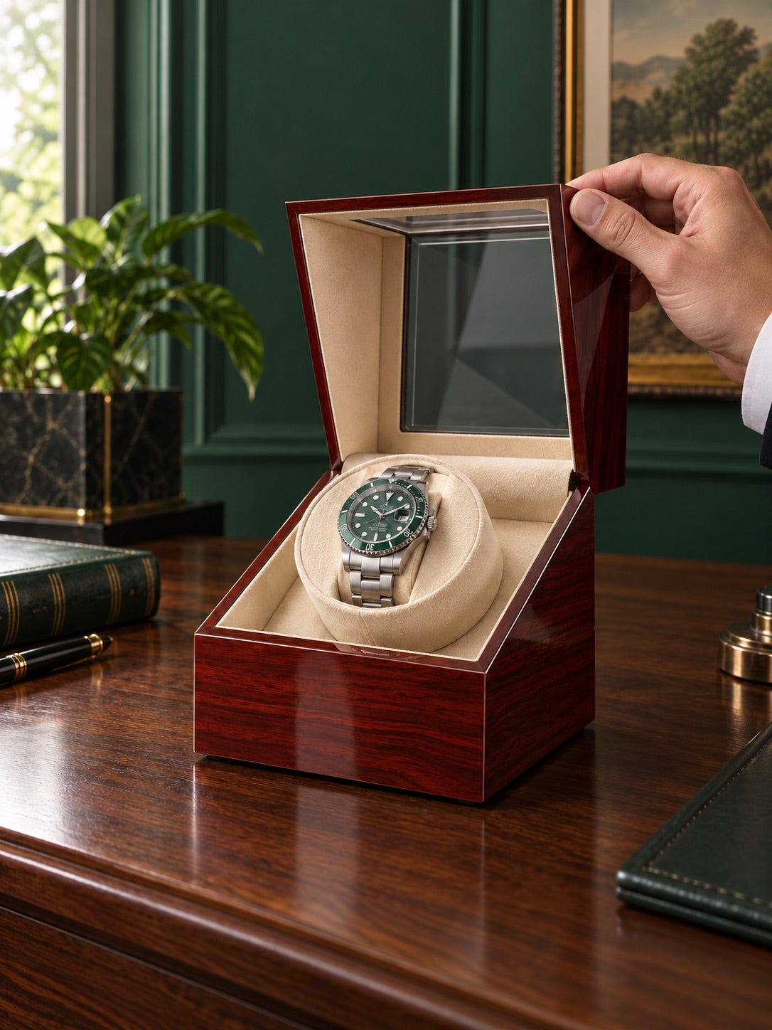 Main plaçant une montre dans le remontoir Ashford 1 bois rouge