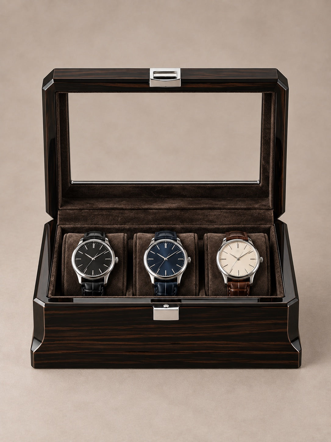 Coffret Clarendon 3 ouvert de face, trois montres