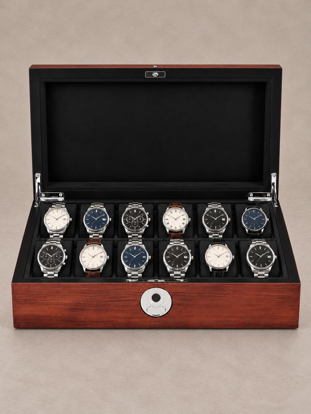 Coffret Kensington 12 bois ouvert, deux rangées de six coussins