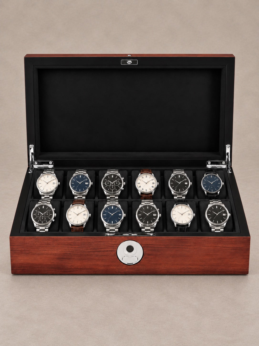 Coffret Kensington 12 bois ouvert, deux rangées de six coussins