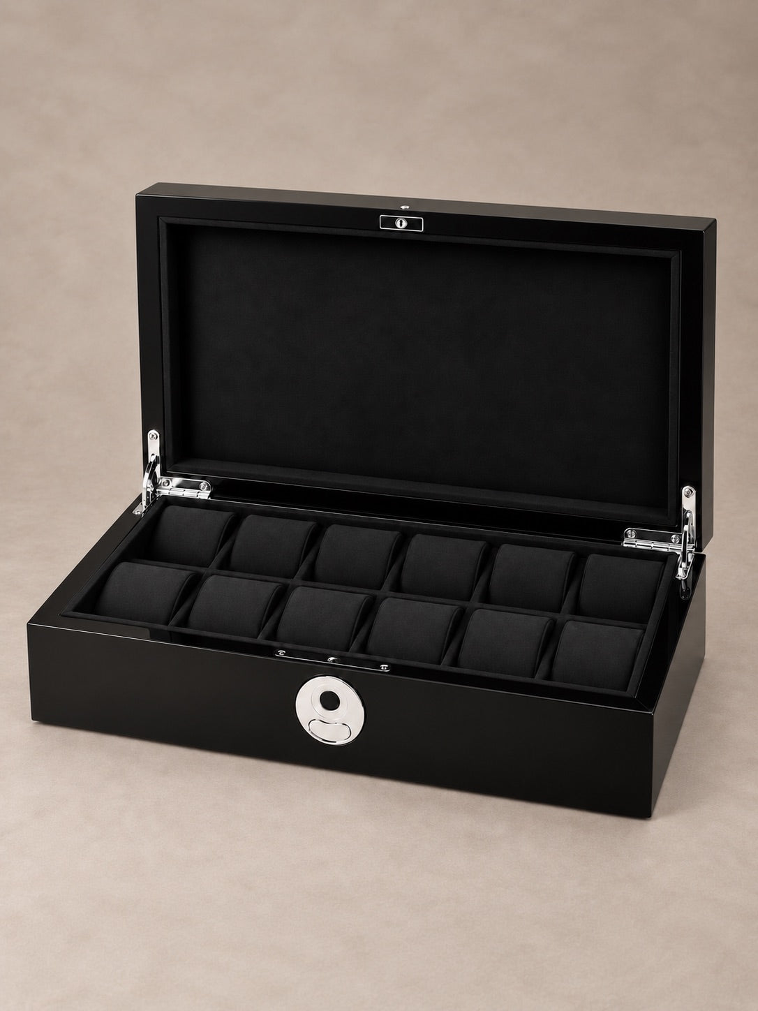 Coffret Kensington 12 noir laqué ouvert, vue de trois quarts