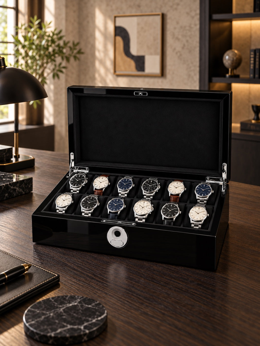 Coffret Kensington 12 noir laqué posé sur un bureau