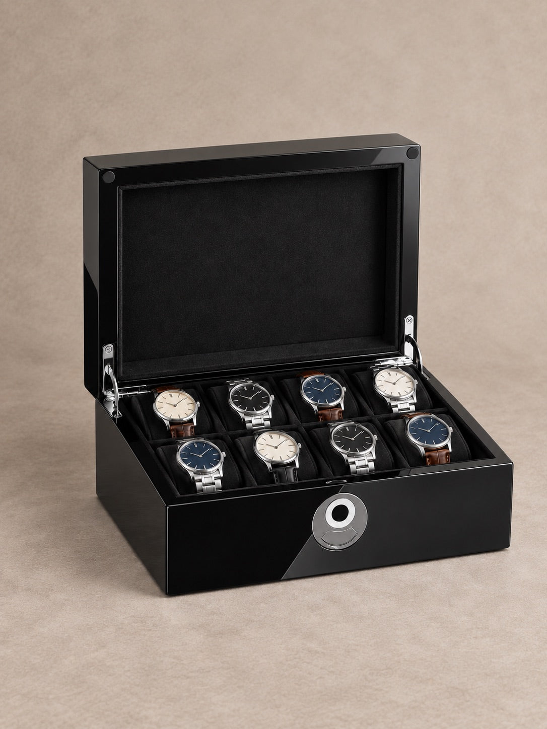 Coffret Kensington 8 noir laqué ouvert, vue de trois quarts