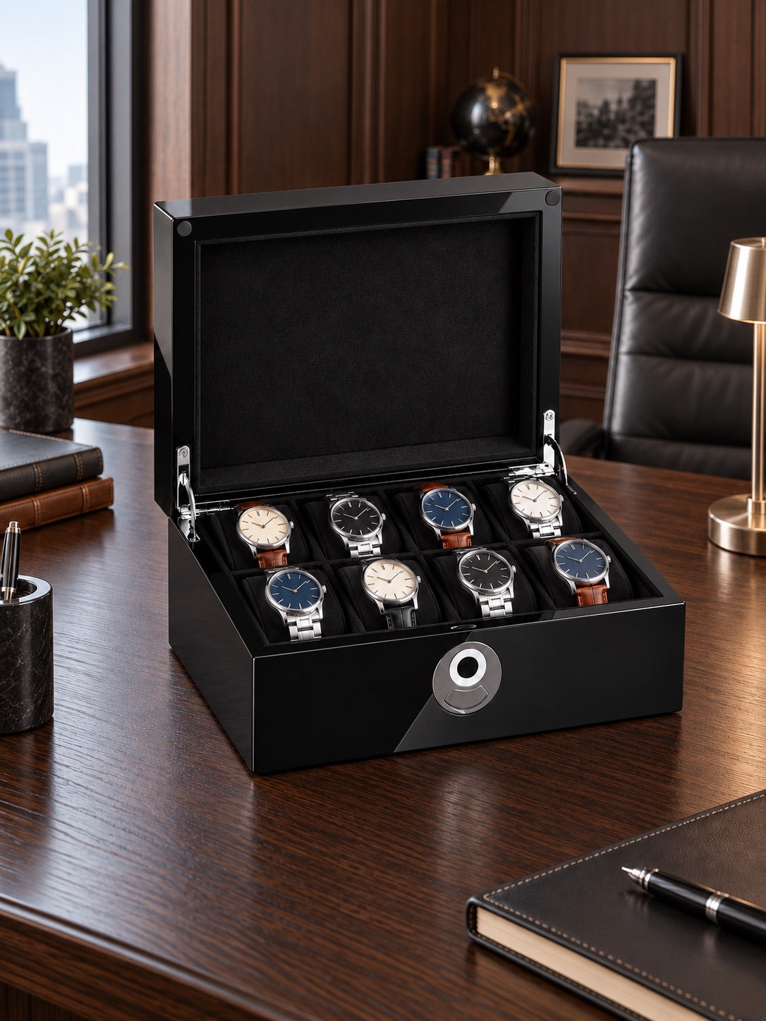 Coffret Kensington 8 noir laqué posé sur un bureau