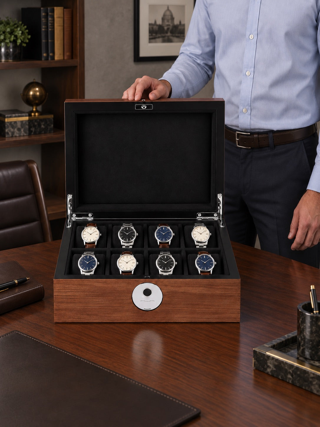 Homme choisissant une montre dans le coffret Kensington 8 bois