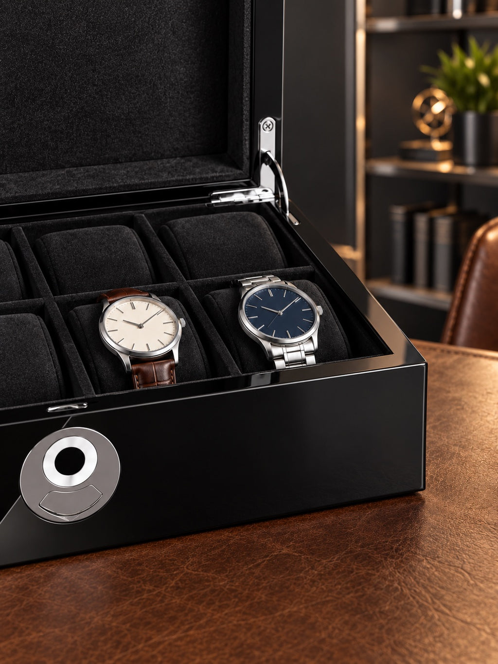 Gros plan sur le coffret Kensington 8 noir laqué