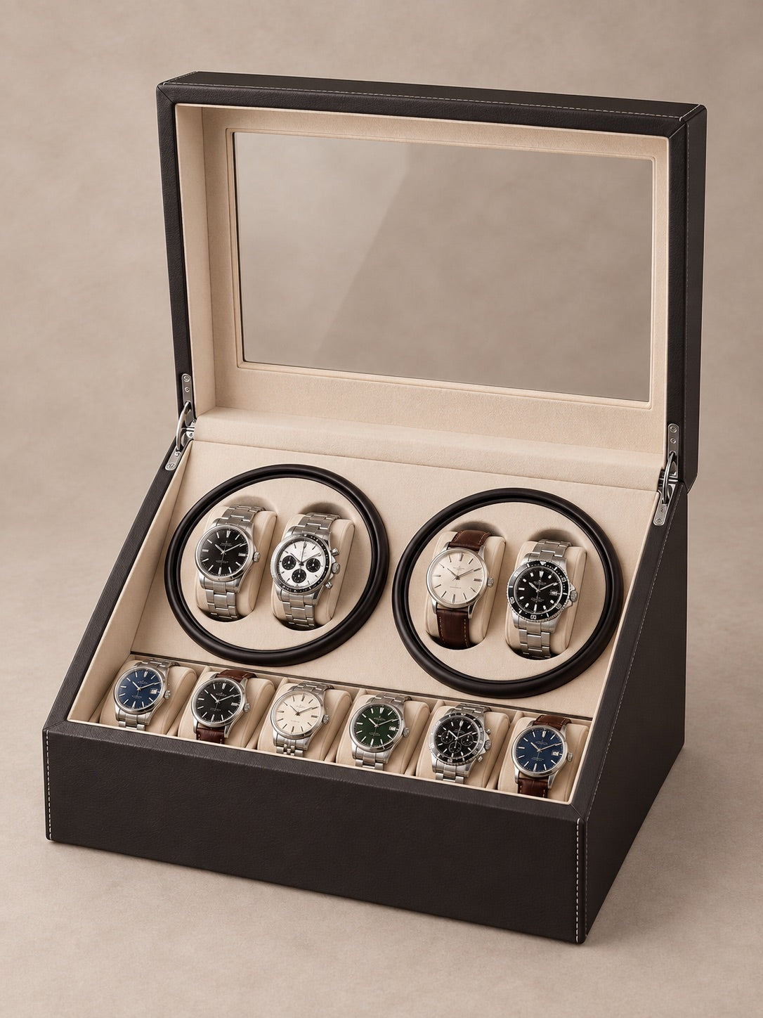 Remontoir Stanford 4 vu de trois quarts avec ses montres