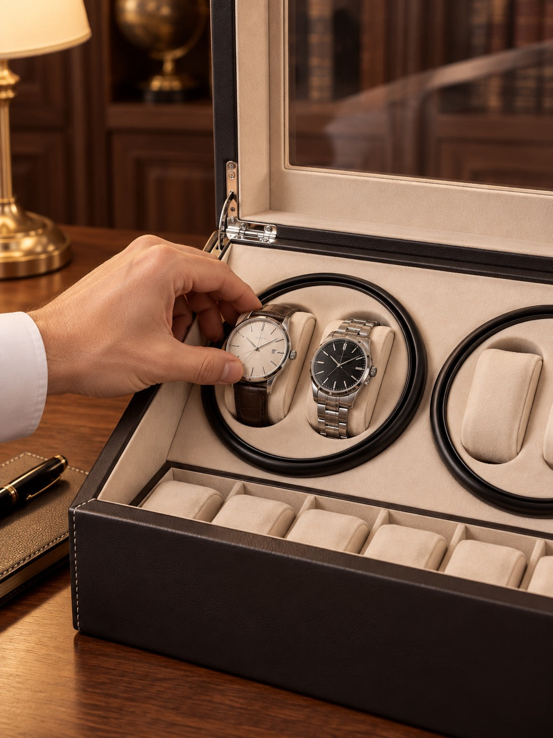 Main plaçant une montre sur un support du Stanford 4