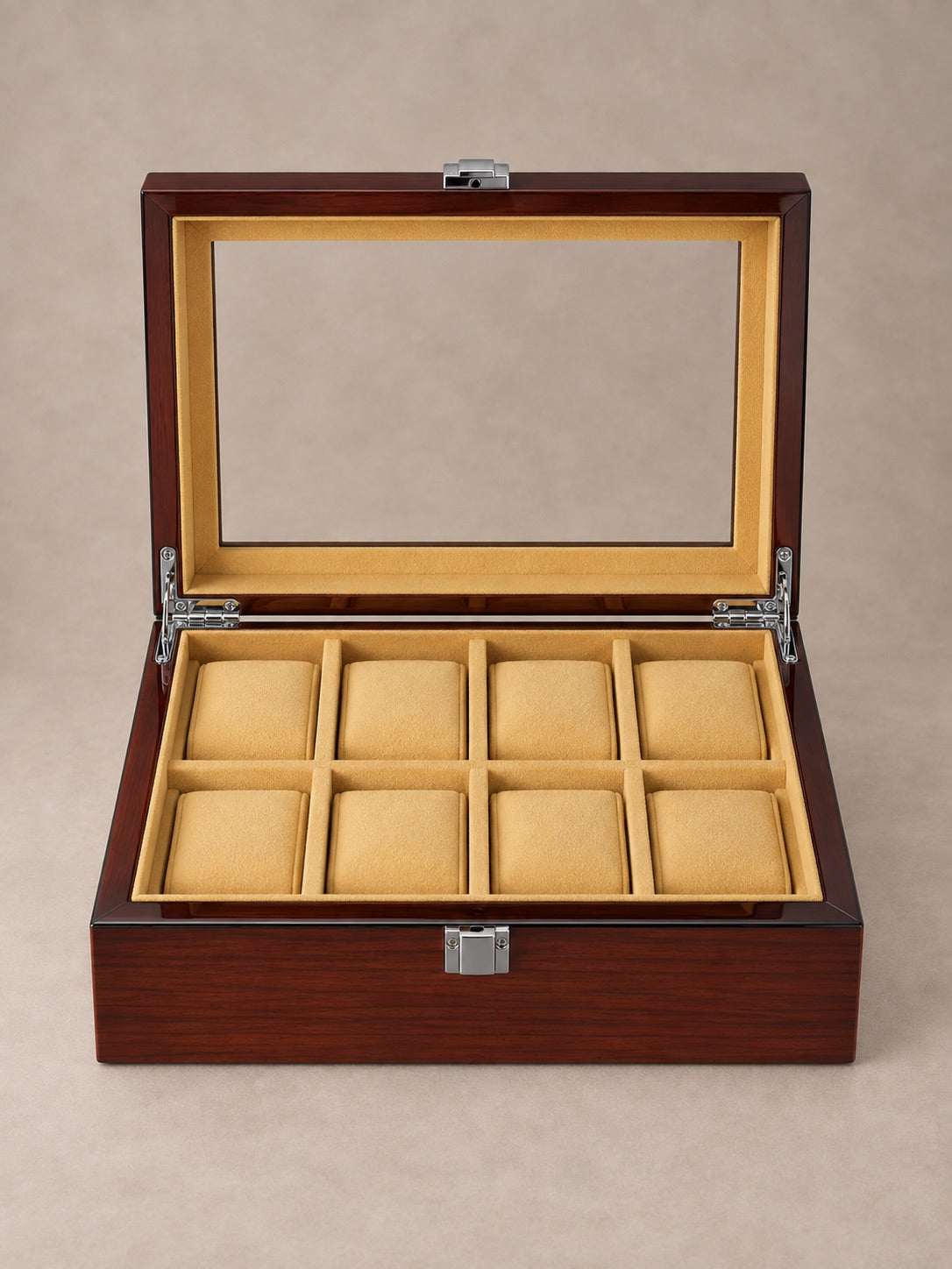 Coffret Windsor 8 ouvert, deux rangées de quatre coussins, intérieur doré