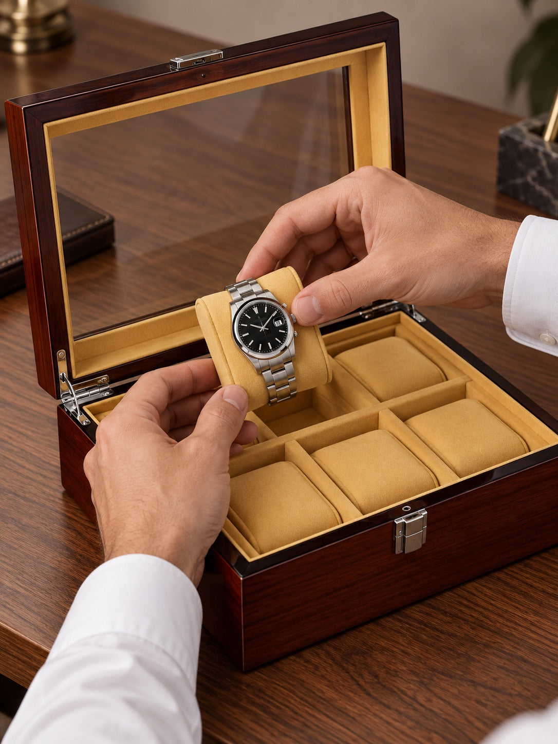 Main plaçant une montre sur un coussin du Windsor 8